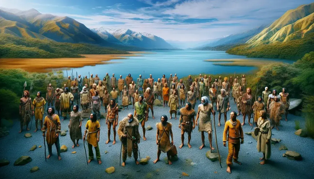 Figuras humanas representando diversas culturas indígenas en paisaje natural con lago, montañas nevadas y vegetación de clima árido.
