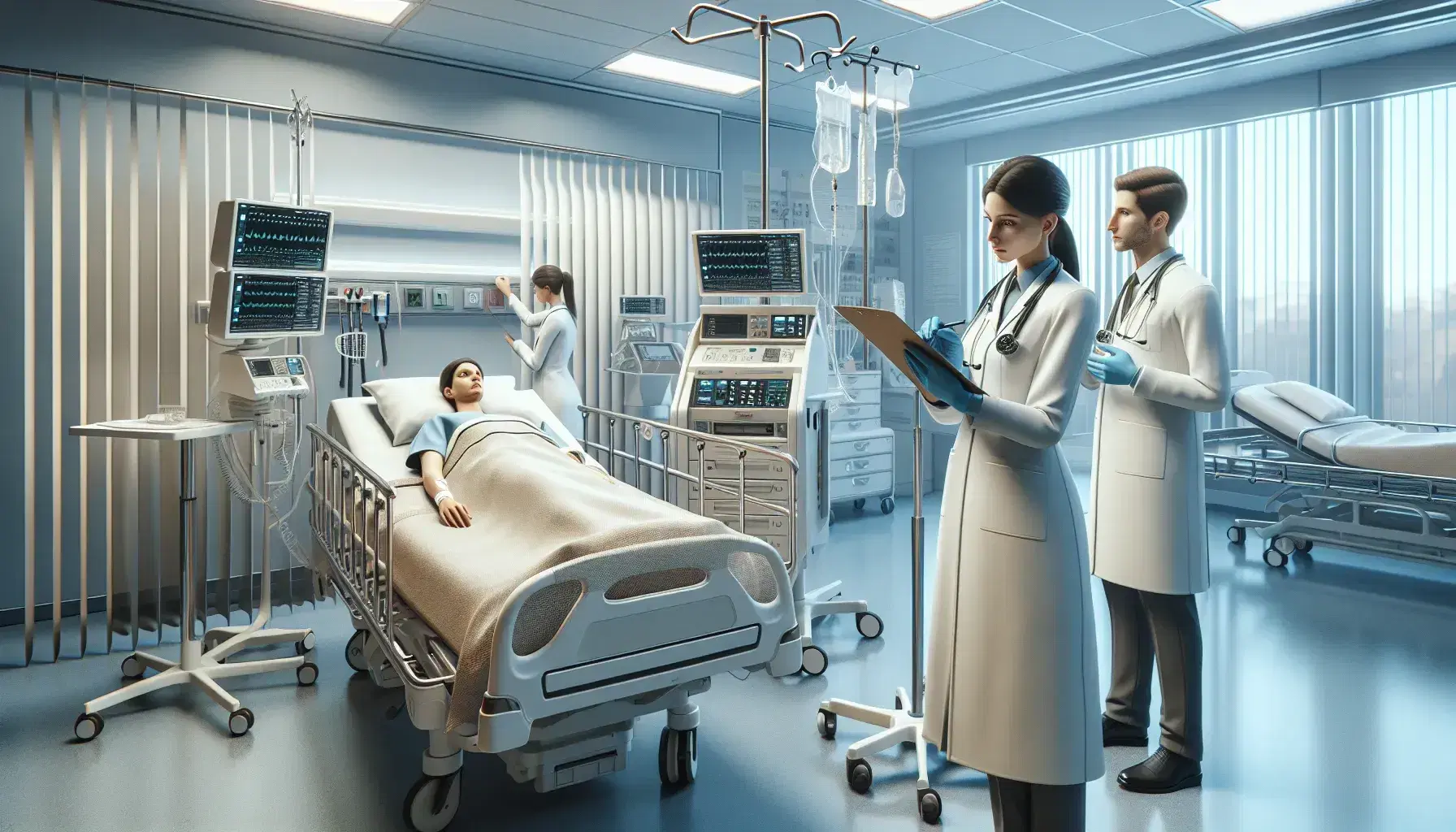 Profesionales de la salud en hospital revisando documentación y operando equipo médico, con paciente en cama al fondo en ambiente sereno.