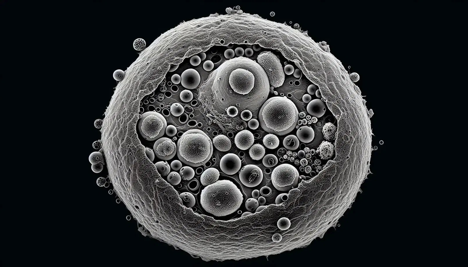 Microfotografia TEM di cellula eucariotica con nucleo, nucleolo, cromatina, lisosomi scuri e perossisomi con nucleoide.