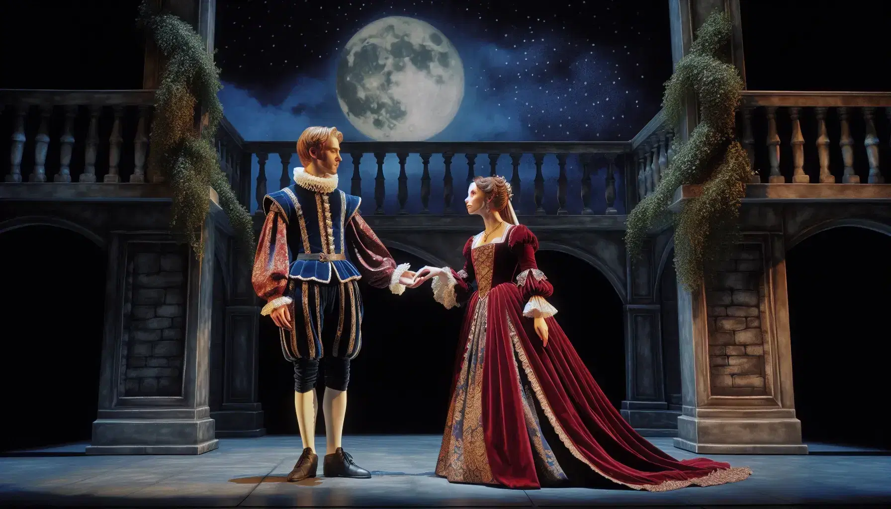 Romantic scene of Romeo and Juliet on a theater stage with Elizabethan costumes, fake balcony and moonlighting.
