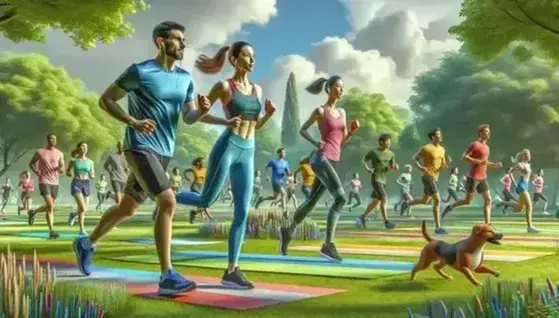 Gruppo di persone di diverse età ed etnie che corrono in un parco, con alberi verdi e cielo azzurro, alcuni fanno stretching su tappetini colorati.