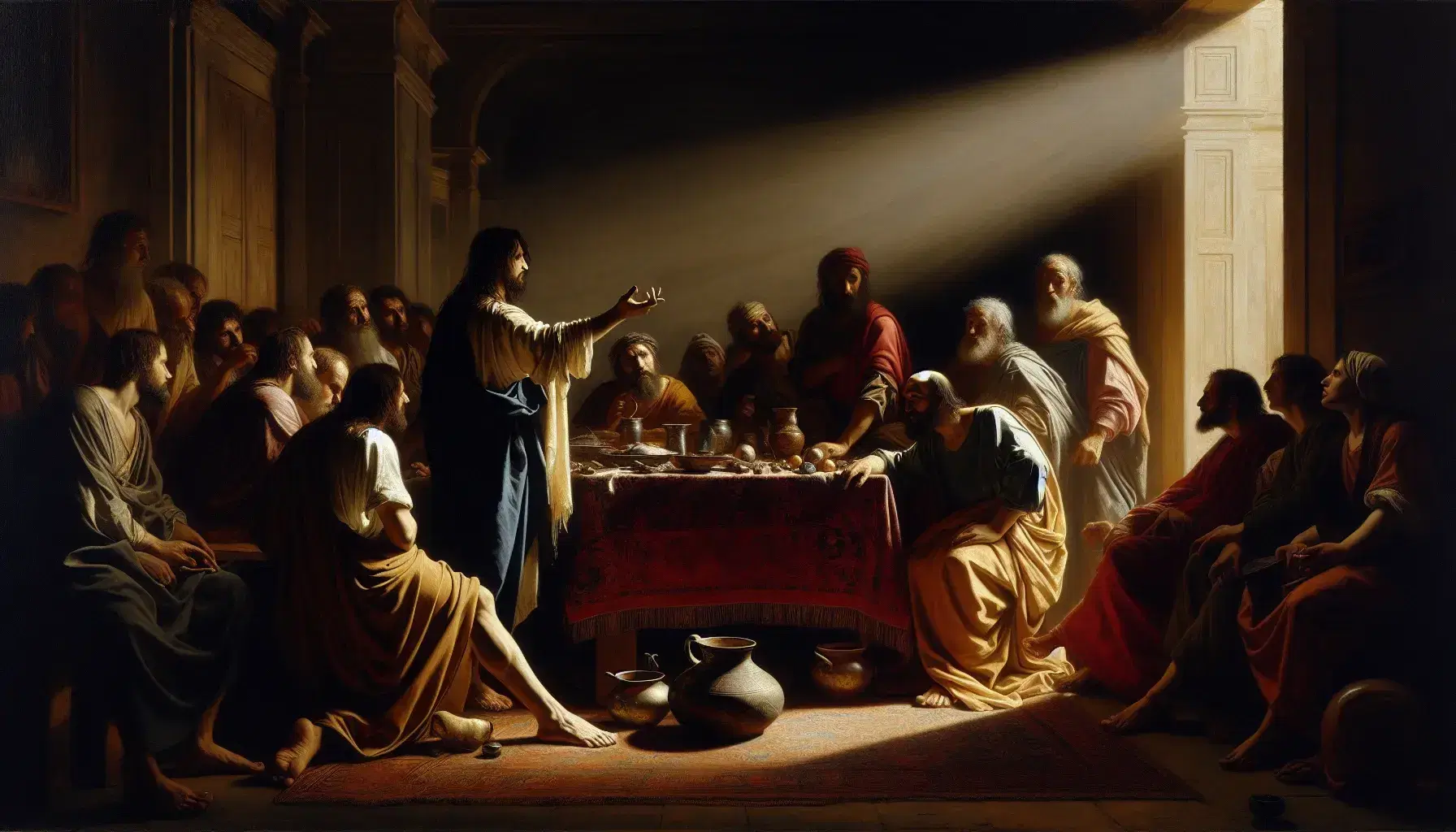 Riproduzione di scena biblica in stile Caravaggio con due uomini al centro, uno in piedi e l'altro seduto, in un ambiente interno illuminato da sinistra.