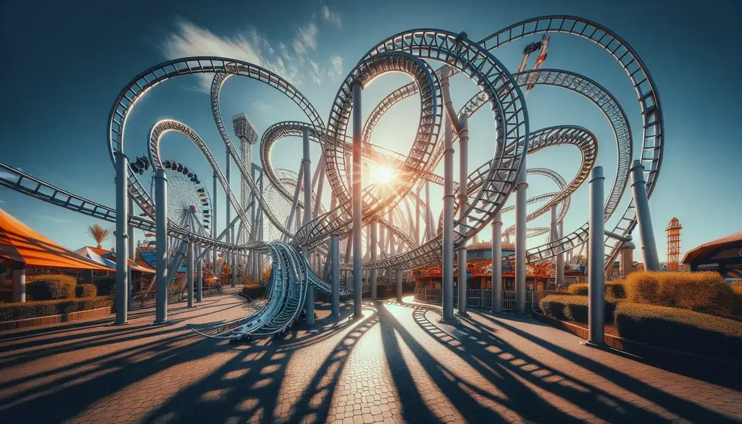 Parque de atracciones con montaña rusa de metal y noria colorida en día soleado, cielo azul y árboles verdes, sin personas visibles.