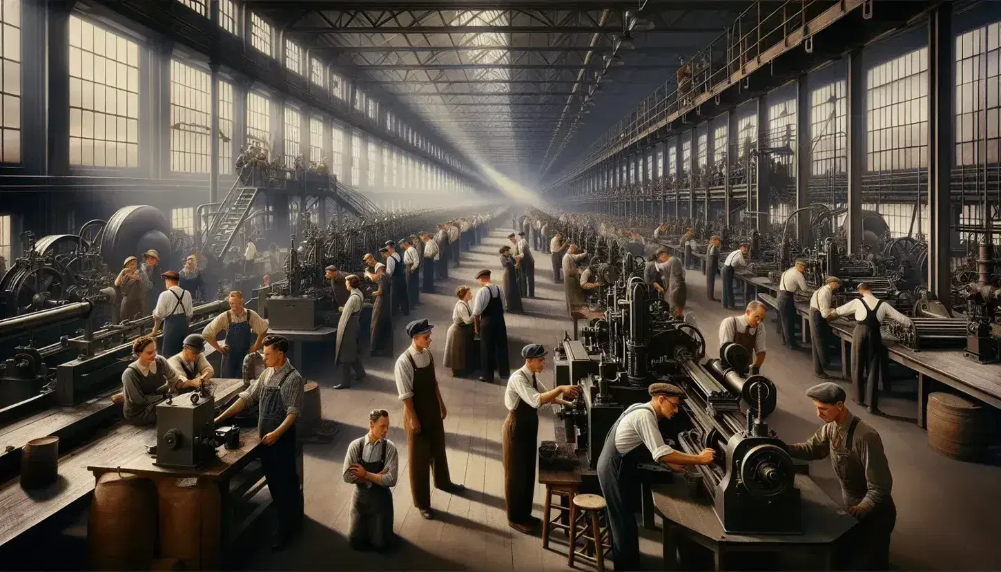 1930s factory floor with workers in period attire, engaged with large machinery under natural light from high windows, embodying New Deal industrial labor.