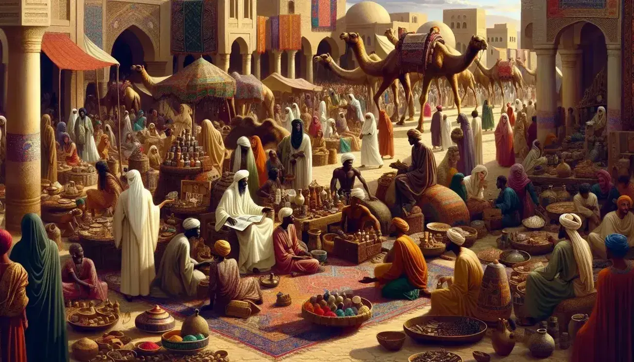 Bustling ancient African market scene with diverse traders, vibrant spices, textiles, pottery, camels, and adobe buildings under a clear blue sky.