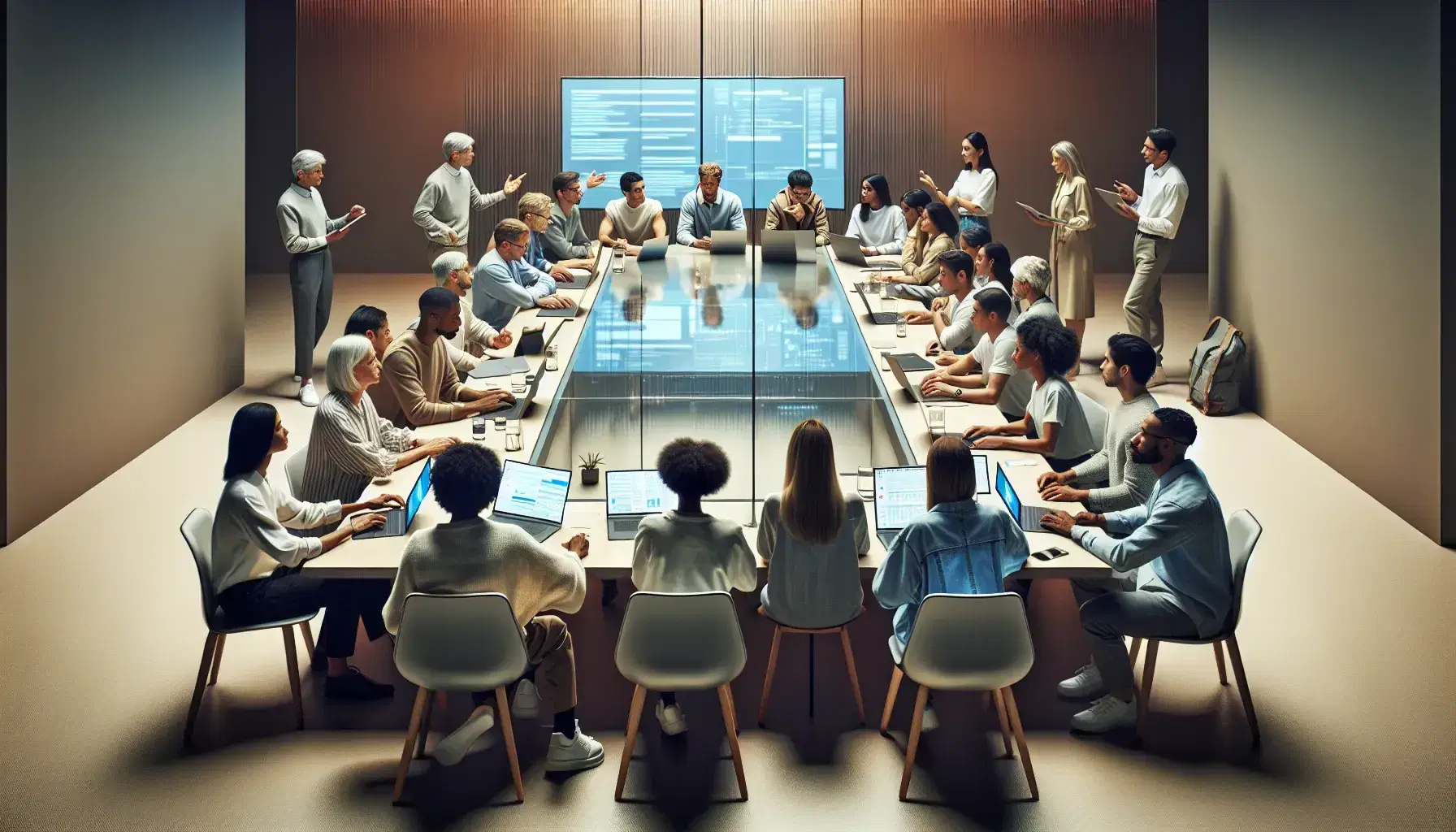 Multi-ethnic group collaborates around a modern table with laptops and tablets, in a brightly lit meeting room equipped with a glass whiteboard.