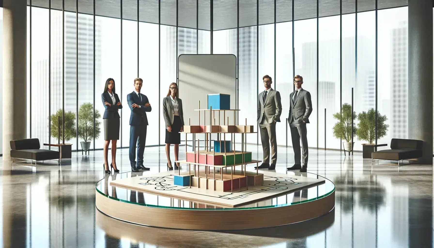 Grupo de cinco profesionales en oficina moderna analizando modelo de estructura organizacional en mesa de vidrio.