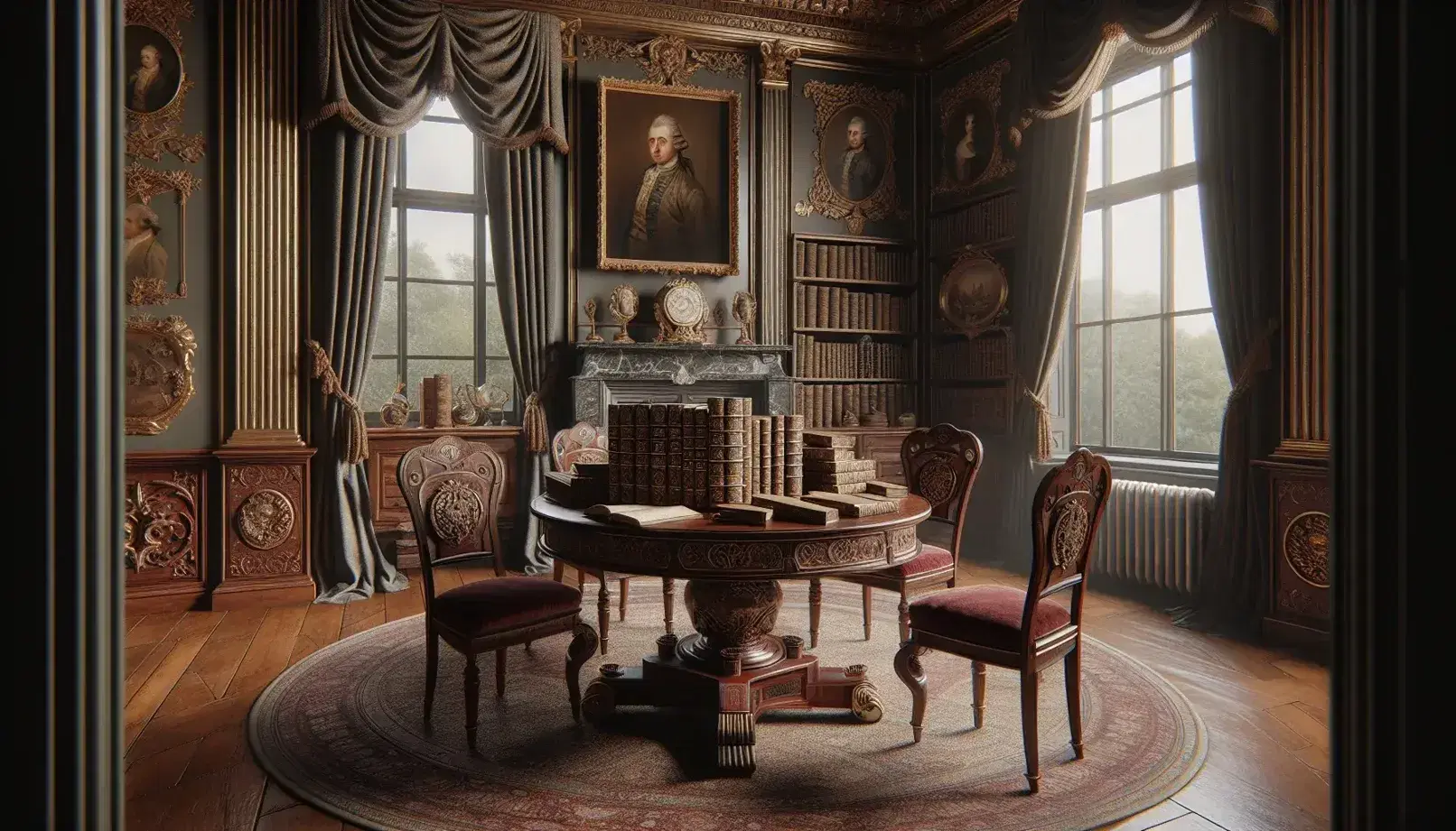 Sala de estar del siglo XIX con mesa redonda de madera, sillas de terciopelo rojo, cortinas pesadas, estantería llena de libros y retratos enmarcados en oro, junto a una chimenea de mármol y figura humana de espaldas.