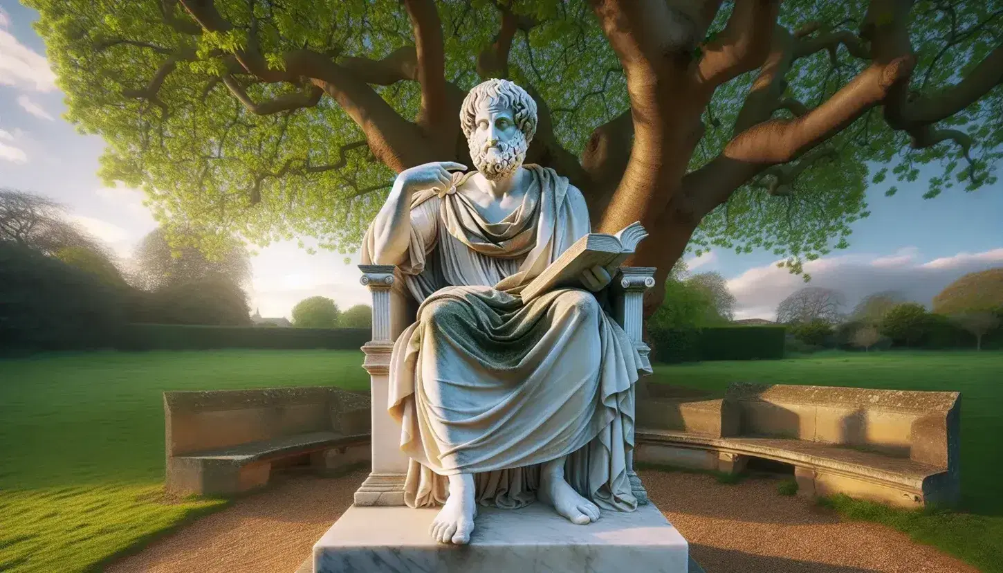 Estatua de mármol blanco de Aristóteles con toga y gesto de enseñanza, junto a un árbol frondoso y banco de piedra bajo un cielo azul claro.