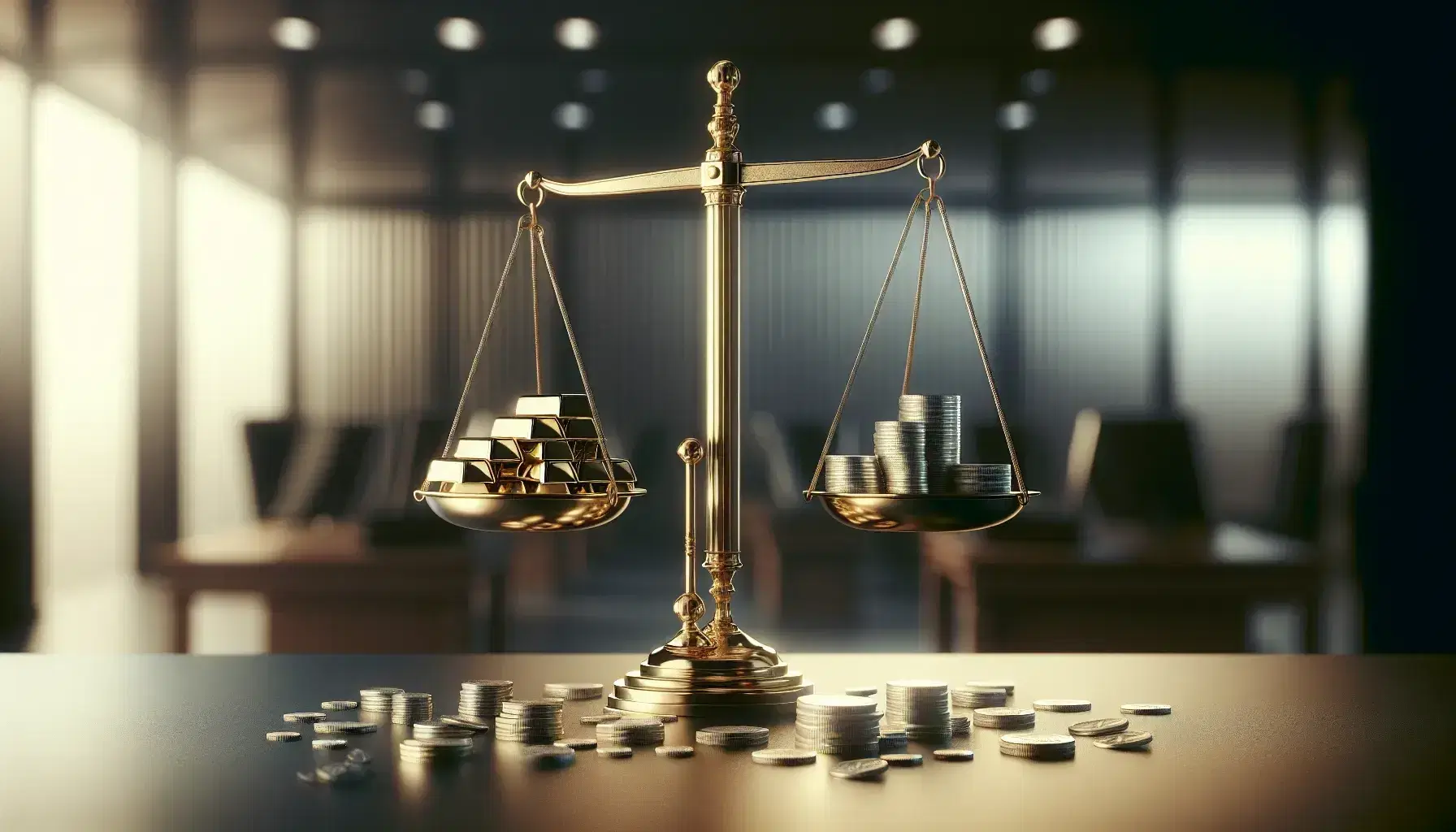 Balanced brass scale with gold bars on one pan and silver coins on the other, set against a blurred modern office backdrop.