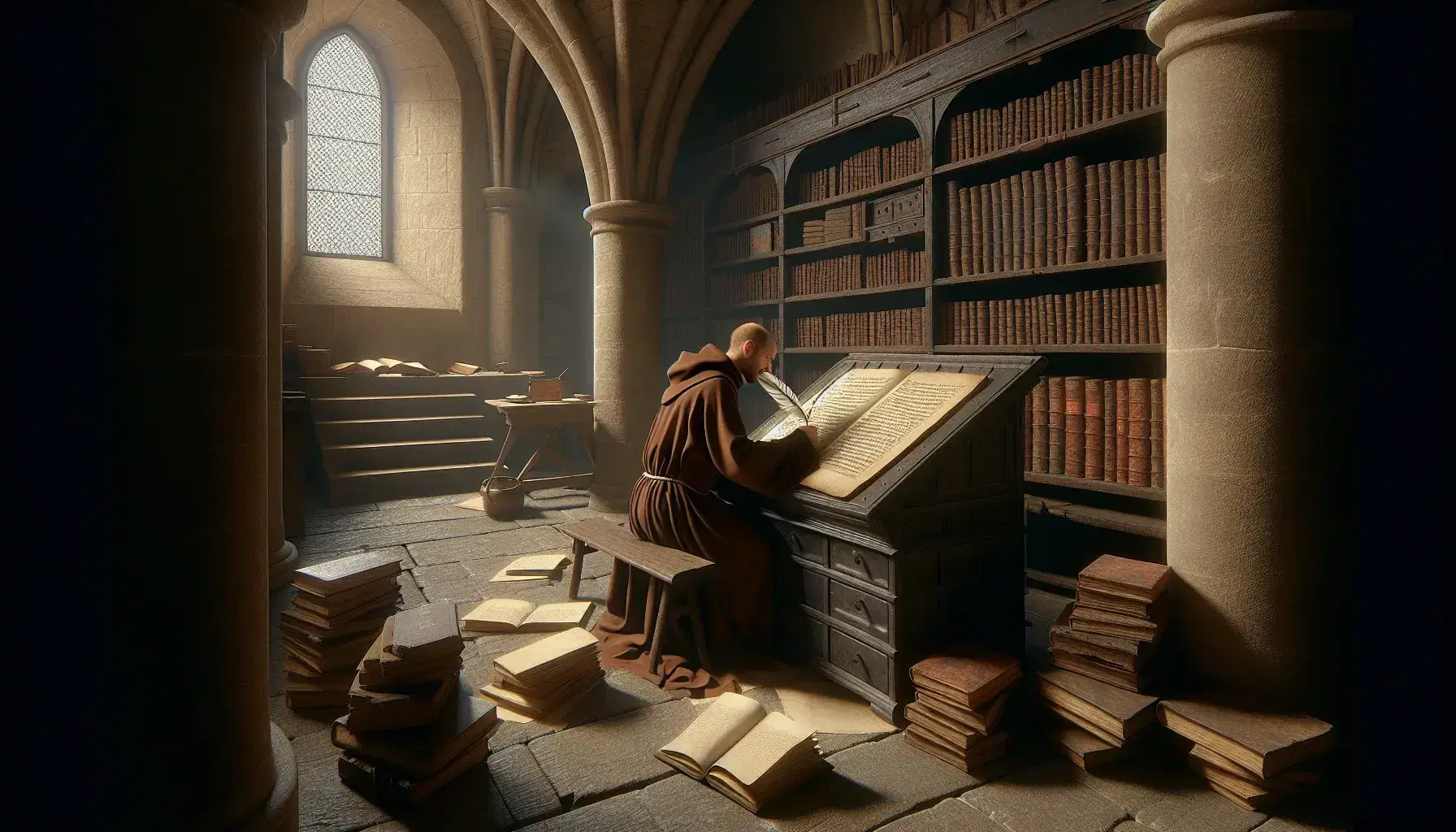 Monje copista en scriptorium medieval transcribe manuscrito en escritorio de madera, con estantería de libros y tapiz en pared iluminados por ventana de arco.