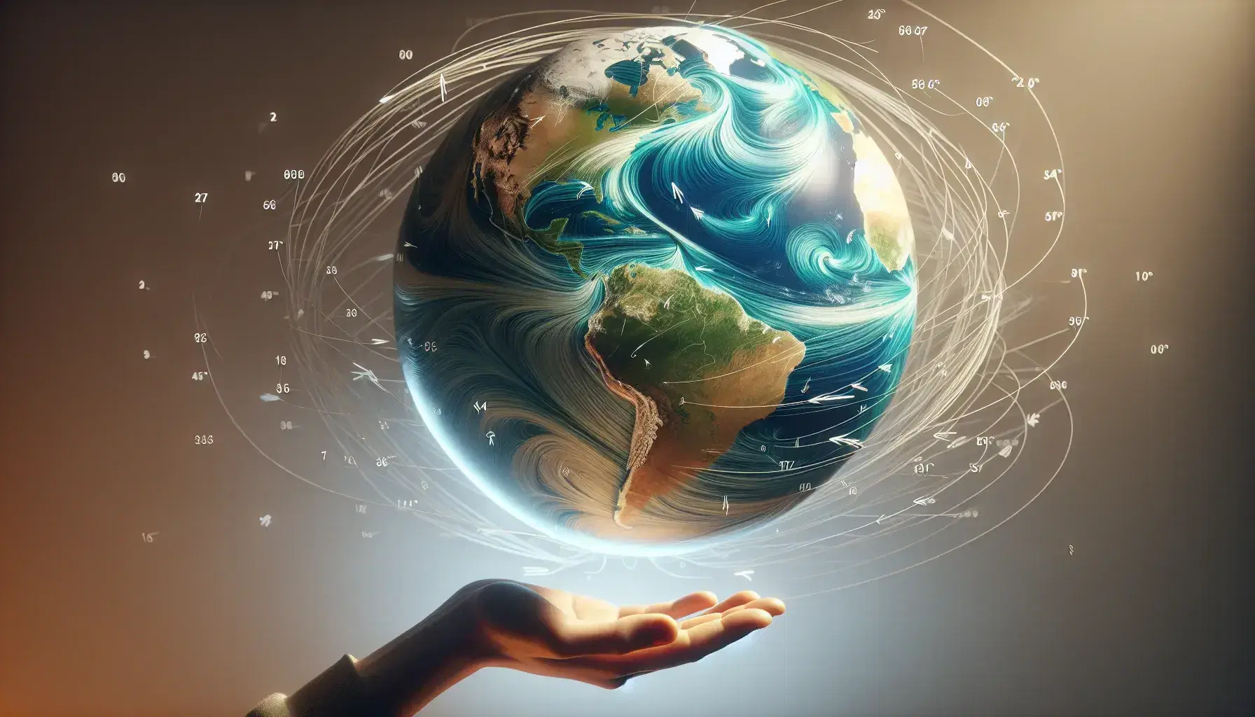 Mappamondo sospeso con linee bianche che simulano i venti atmosferici, tenuto da una mano umana su sfondo neutro.