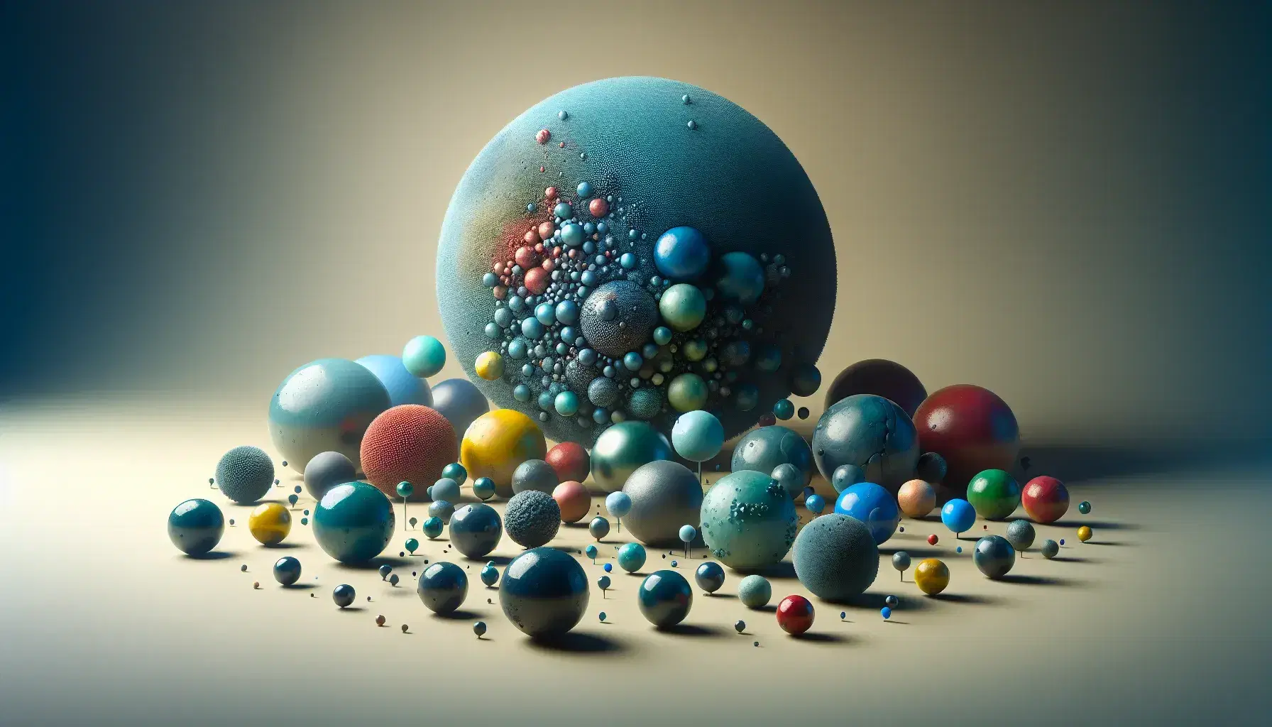 Esferas tridimensionales de distintos tamaños y colores con texturas variadas, dispuestas alrededor de una esfera central azul grande, sobre fondo neutro.