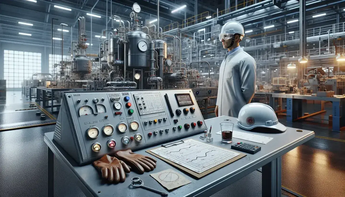 Escena de planta industrial con mesa de trabajo, casco de seguridad, guantes y gráficos, técnico en bata analizando panel de control y maquinaria con indicadores.