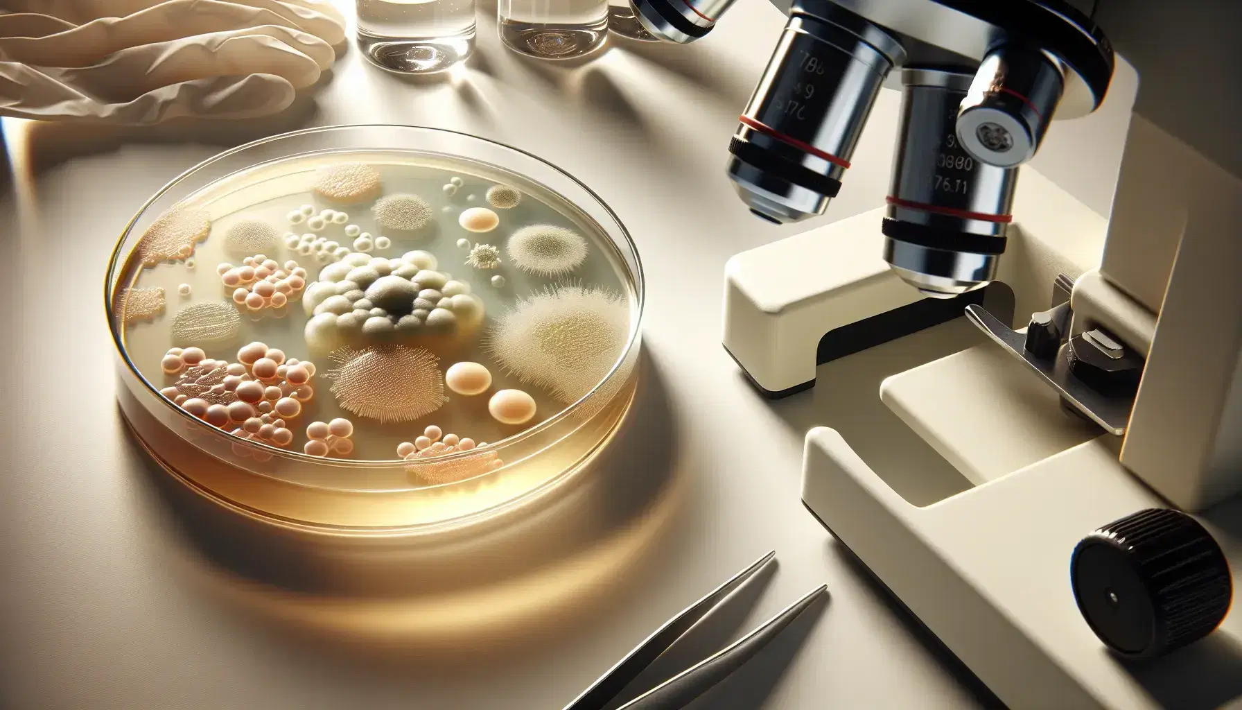 Primer plano de placa de Petri con colonias bacterianas de distintos tamaños y colores en agar, junto a microscopio y pinzas en laboratorio.