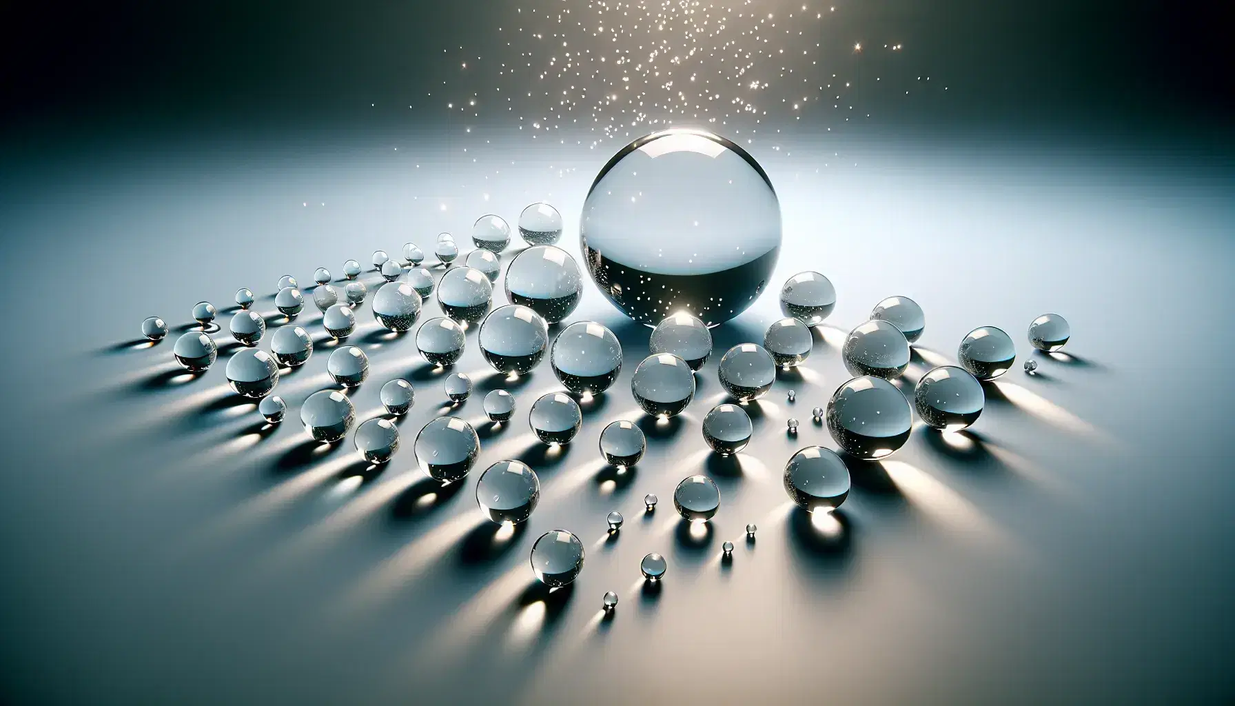 Colección de esferas de vidrio transparentes en superficie gris, con una gran esfera central y otras decreciendo en tamaño hacia los extremos, reflejando luz y sombras suaves.