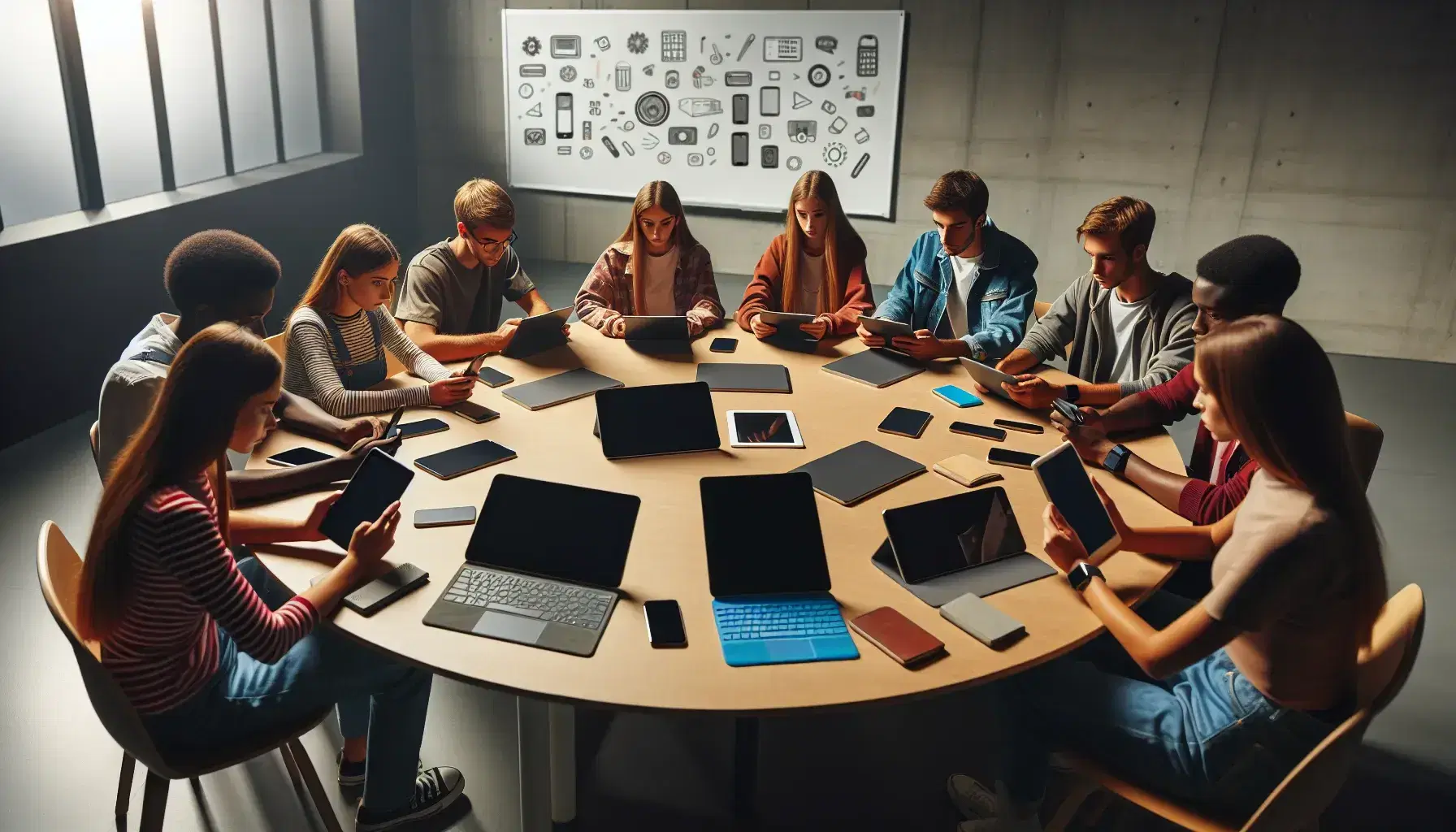 Grupo diverso de estudiantes colaborando alrededor de una mesa con dispositivos electrónicos, en un ambiente de estudio iluminado suavemente.