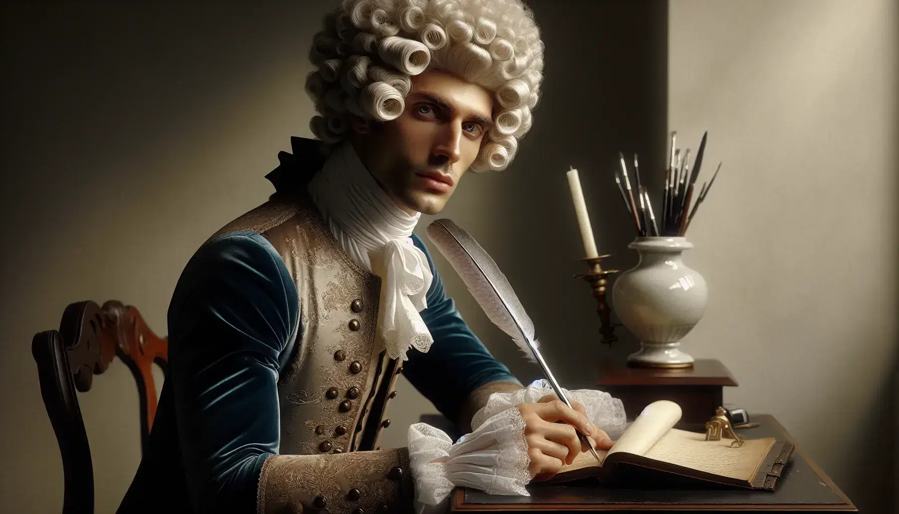 Retrato de hombre del siglo XVIII con peluca blanca, vestimenta lujosa y mirada pensativa, sosteniendo bastón y apoyado en libro sobre mesa con tintero.