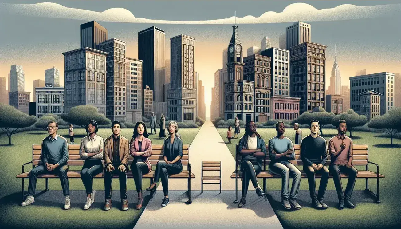 Diverse group of people in semi-circle against urban background at sunset, with empty bench and sky fading from red to blue.