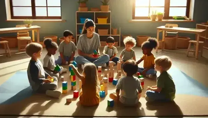 Niños pequeños jugando con bloques de construcción de colores primarios en una aula iluminada naturalmente, con una educadora asistiéndolos.