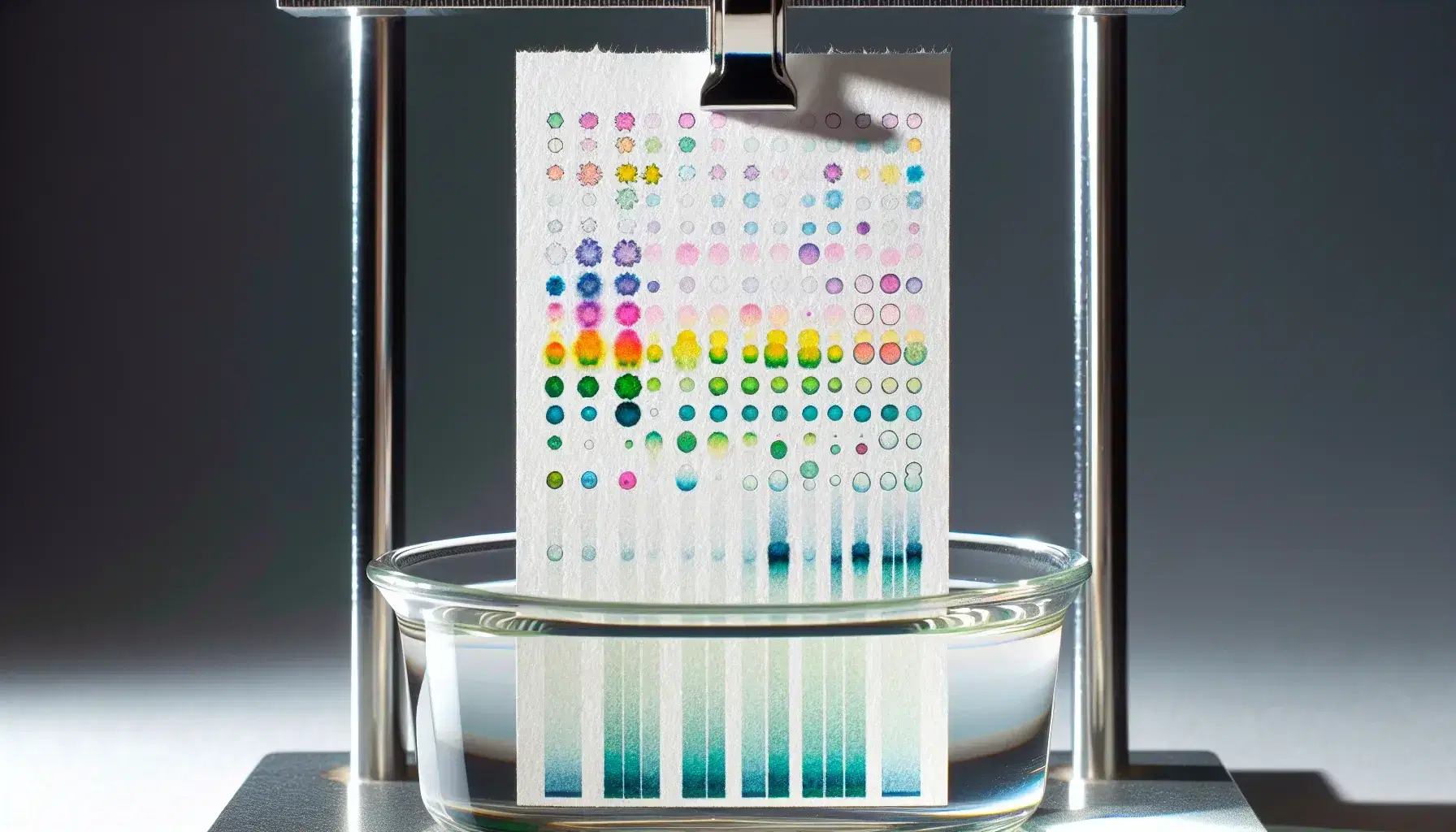 Paper chromatography experiment with vertical stripe and colored spots separating in a solvent, in a defocused laboratory.