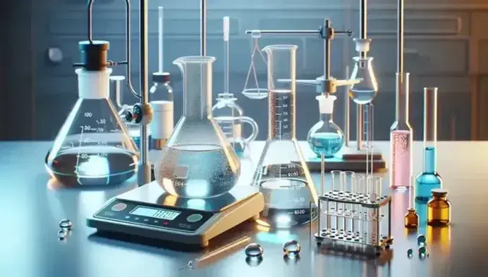 Laboratorio químico con Erlenmeyer de solución azul, cilindro graduado, tubo de ensayo amarillo en soporte, vaso con solución rosa y balanza analítica.