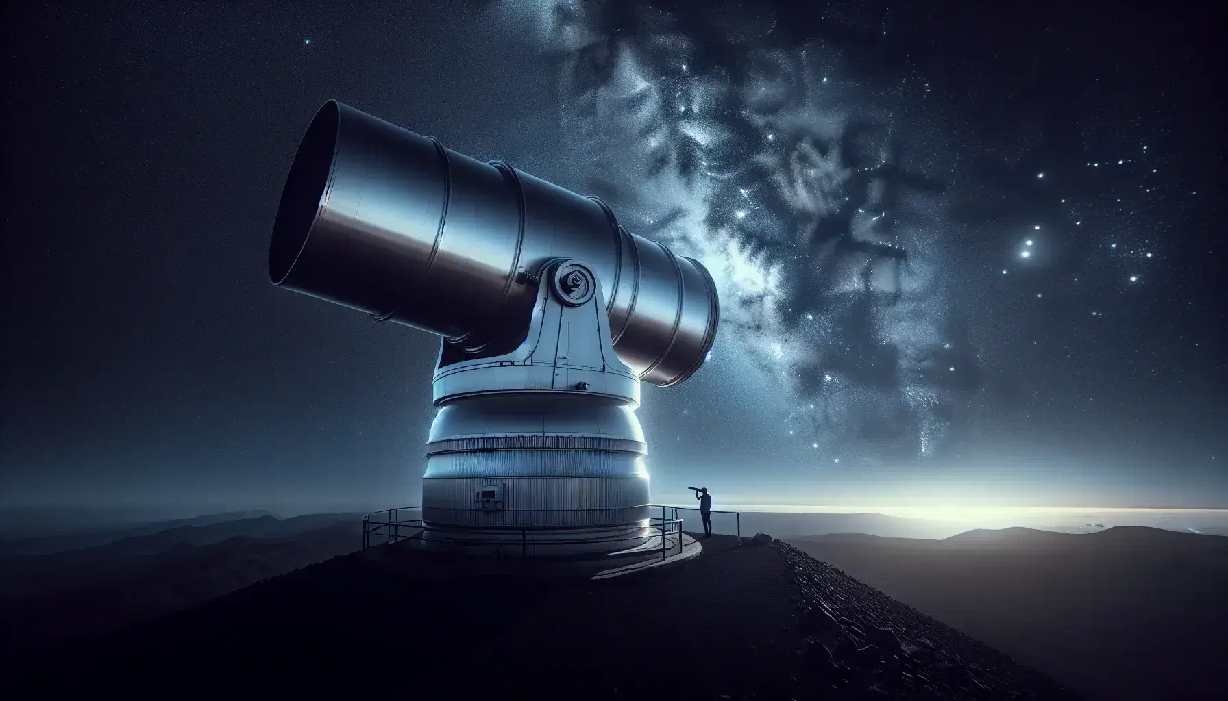 Reflecting telescope on a mountaintop with an observer under a starry sky, showcasing the Milky Way amidst a backdrop of deep blue and purple night hues.