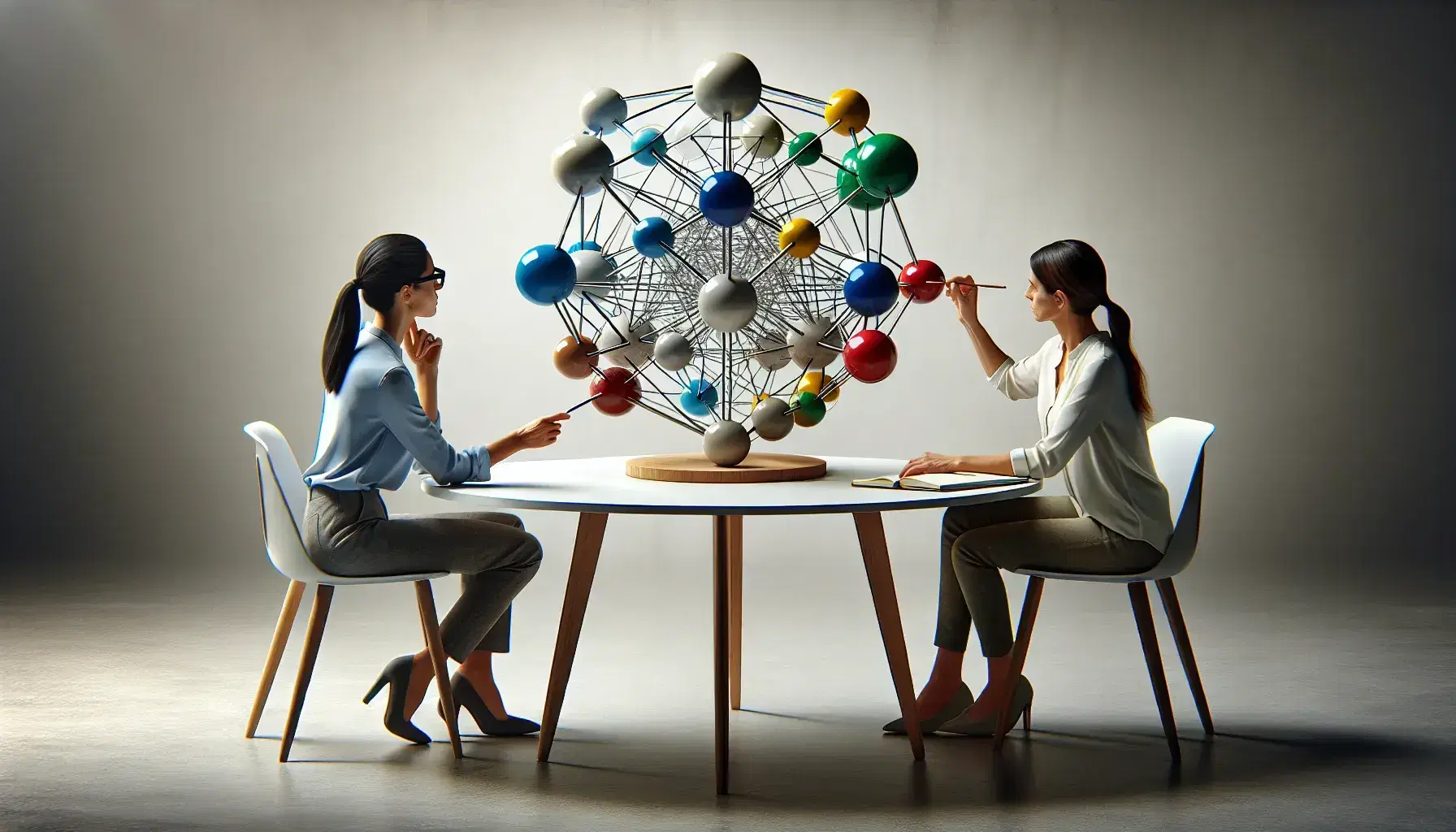 Tres profesionales colaborando en torno a un modelo molecular 3D con esferas de colores y varillas metálicas sobre una mesa redonda.
