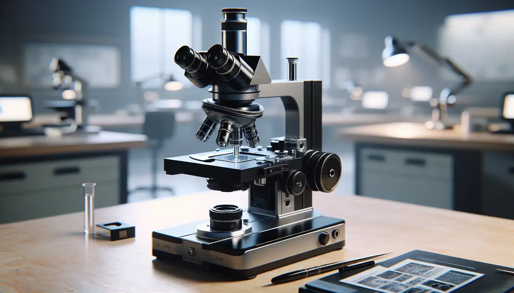 Microscopio óptico moderno con oculares y objetivos negros, escenario plateado y muestra en portaobjetos en laboratorio desenfocado.