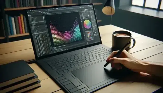 Mano sosteniendo un lápiz óptico sobre tableta gráfica conectada a portátil con bloques de color en pantalla, junto a taza de café en mesa de madera.