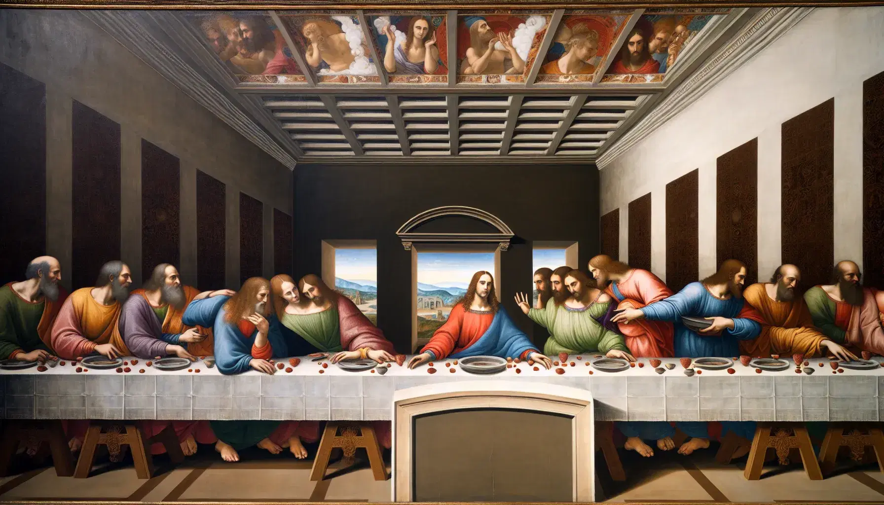 Riproduzione ad alta risoluzione de 'L'Ultima Cena' di Leonardo da Vinci, con tredici figure intorno a un tavolo in una sala a volta.