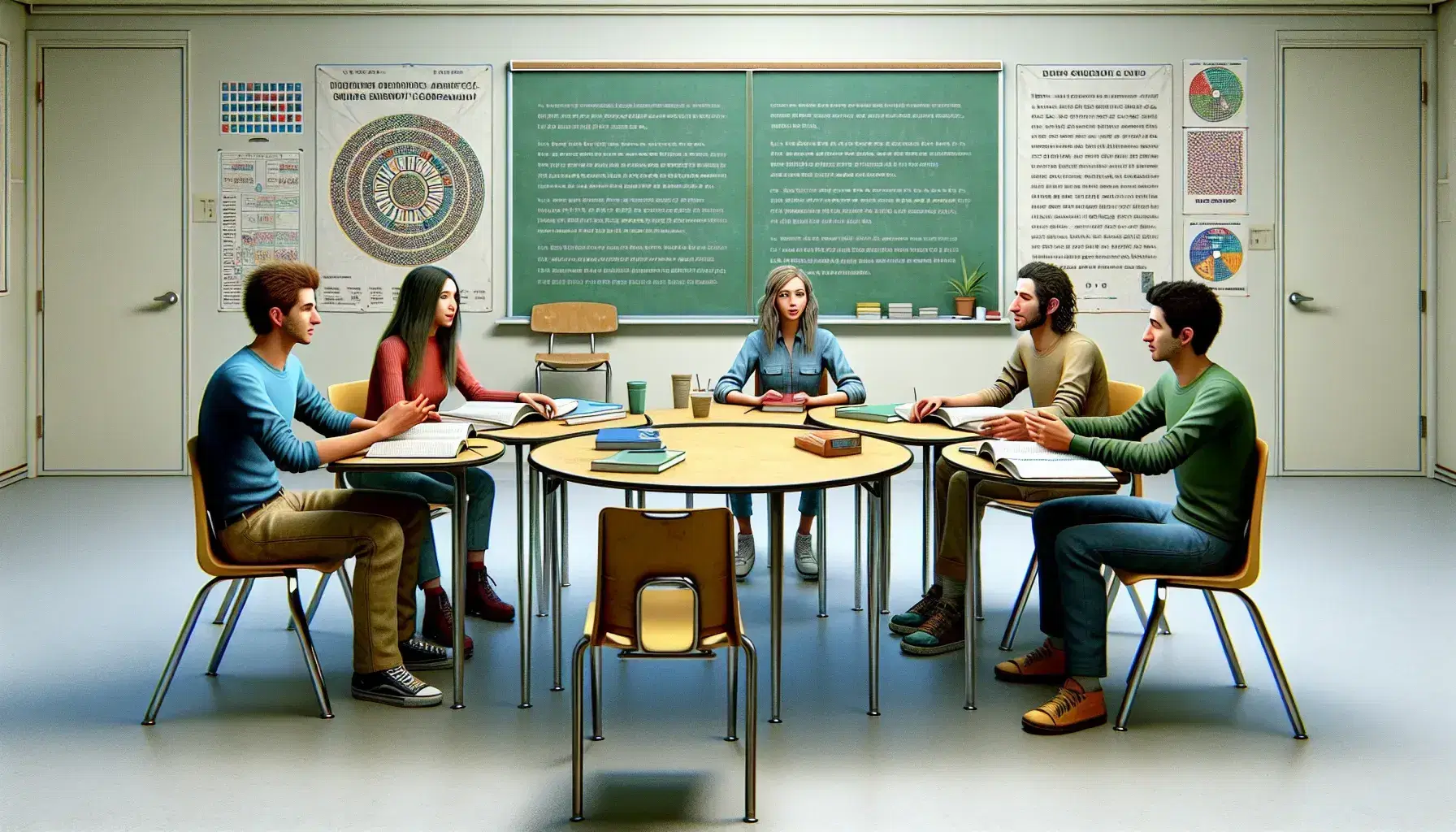 Diverse group of four students engaged in a discussion around a round table with open blank textbooks, in a well-lit classroom with abstract posters.