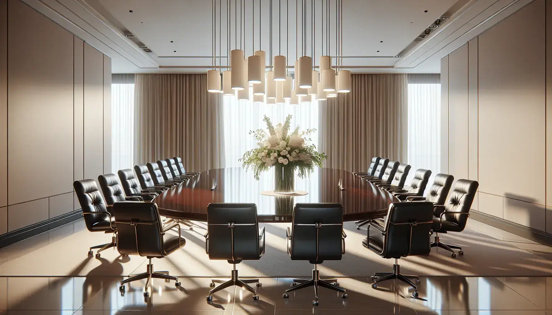 Sillas de oficina de respaldo alto en cuero negro alrededor de una mesa de conferencia marrón oscura, con arreglo floral central y lámparas colgantes en una sala iluminada.