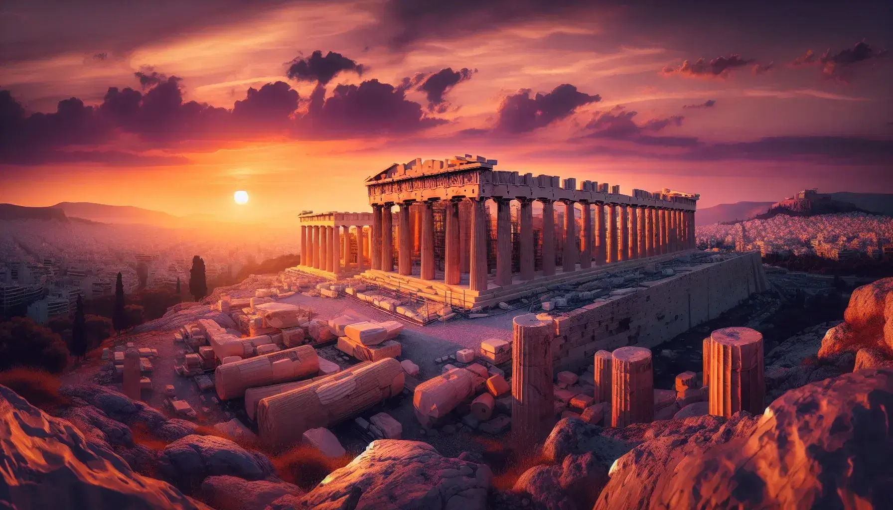 Tramonto all'Acropoli di Atene con il Partenone illuminato da tonalità dorate e cielo sfumato in arancione, rosa e viola.