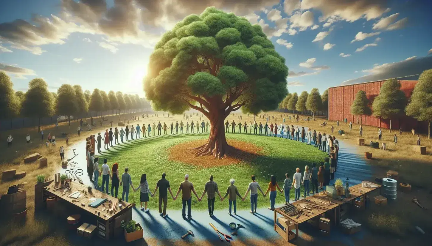Grupo diverso unido de manos en círculo alrededor de un árbol en un campo verde, con herramientas en una mesa y edificio de ladrillos al fondo.