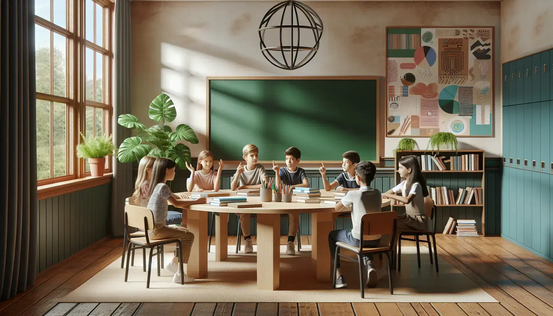 Aula escolar iluminada con luz natural, estudiantes de diversas edades dialogando alrededor de una mesa redonda, pizarra verde y plantas decorativas.