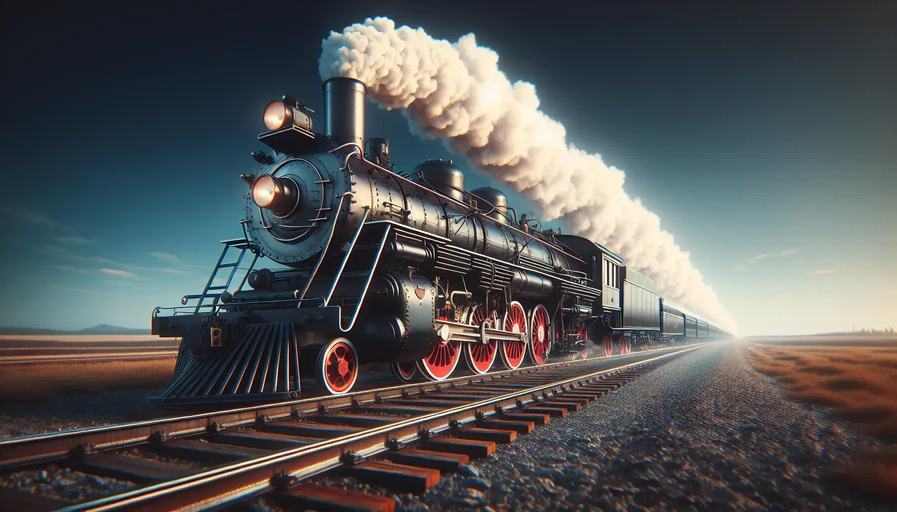 Vintage steam locomotive running on tracks, with blue sky, white smoke from the chimney and metallic reflections on the wheels.