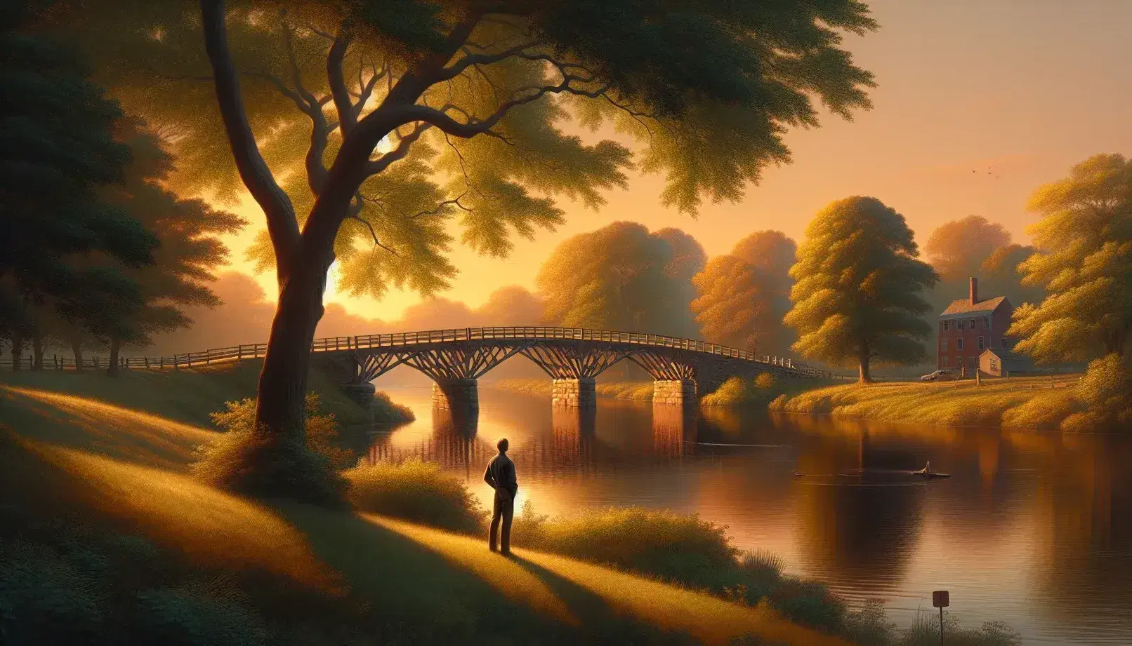 Golden hour at Old North Bridge in Concord, Massachusetts, with a reflective river, lush greenery, and a solitary figure contemplating the tranquil scene.