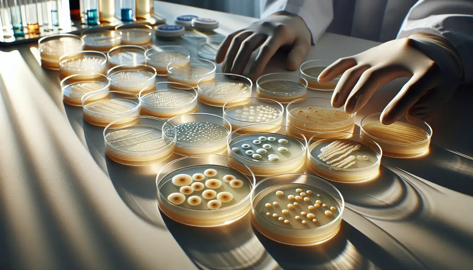 Cultivos bacterianos en placas de Petri sobre una mesa de laboratorio con un científico trabajando al fondo, reflejando la meticulosa investigación y análisis en microbiología.
