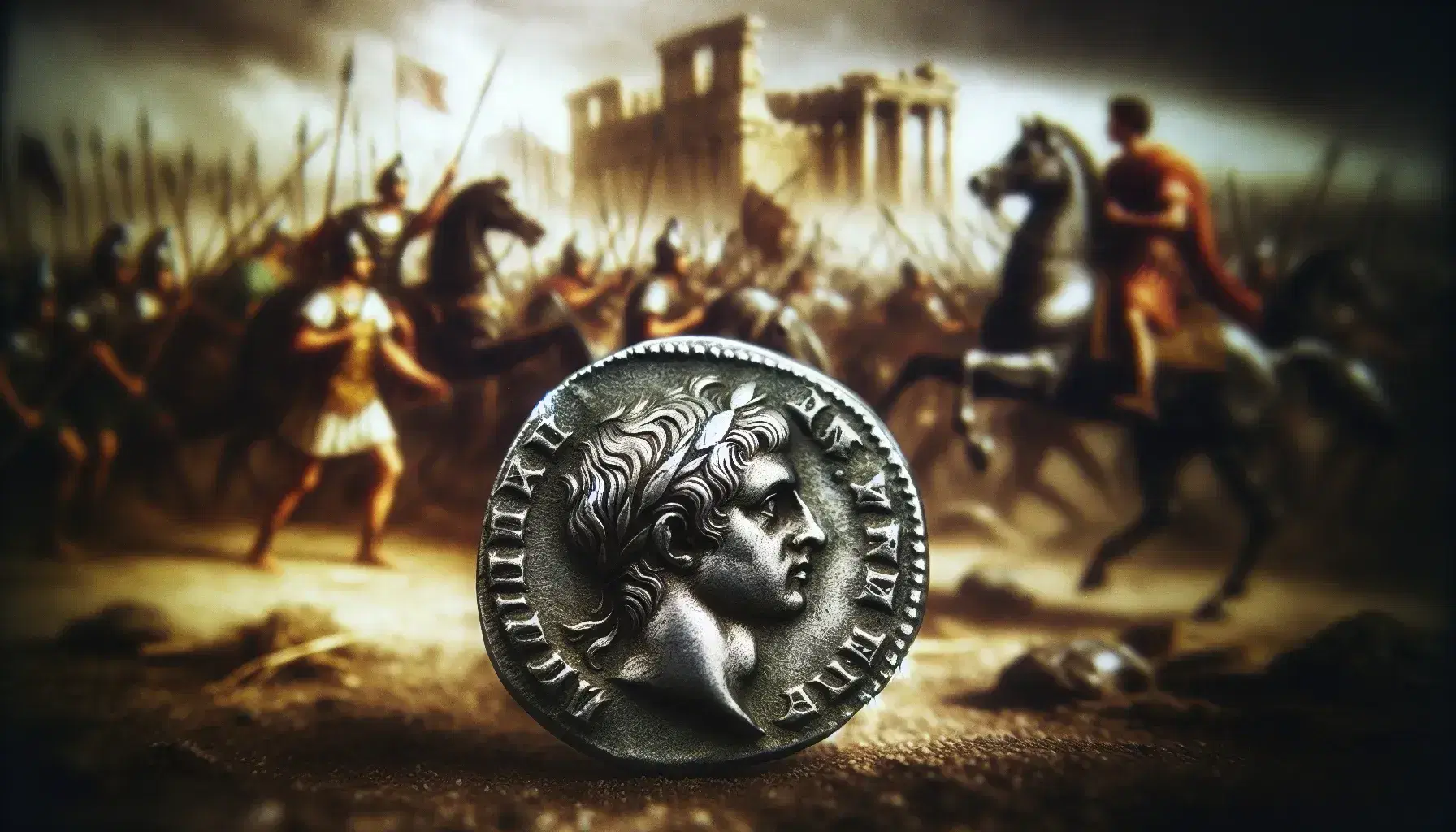 Moneta romana antica con profilo di imperatore e corona d'alloro su sfondo sfocato di battaglia della guerra civile romana.