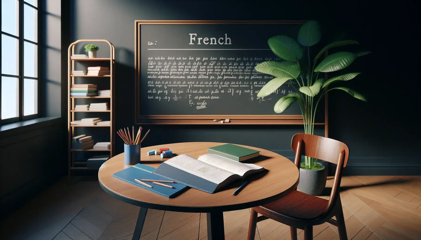 French language classroom with an open textbook, notebooks, pencils on a round table, a clean chalkboard, a potted plant, and a chair with a red cushion.