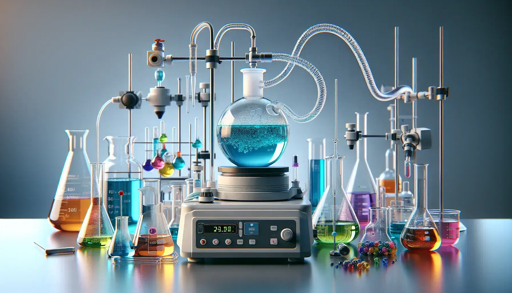 Science laboratory with round bottom flasks, colored liquids, vertical condenser, magnetic stirrer and digital thermometer.