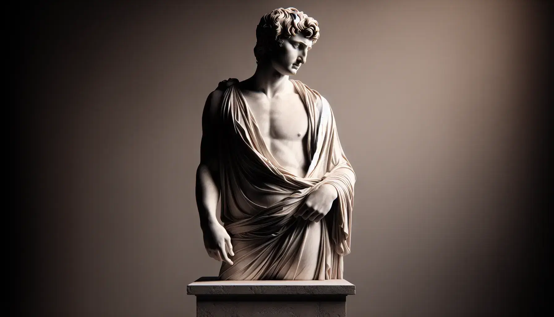 Statua in marmo bianco di figura maschile in piedi con mantello drappeggiato, spalla destra scoperta, mano con oggetto indefinito, su piedistallo grigio.