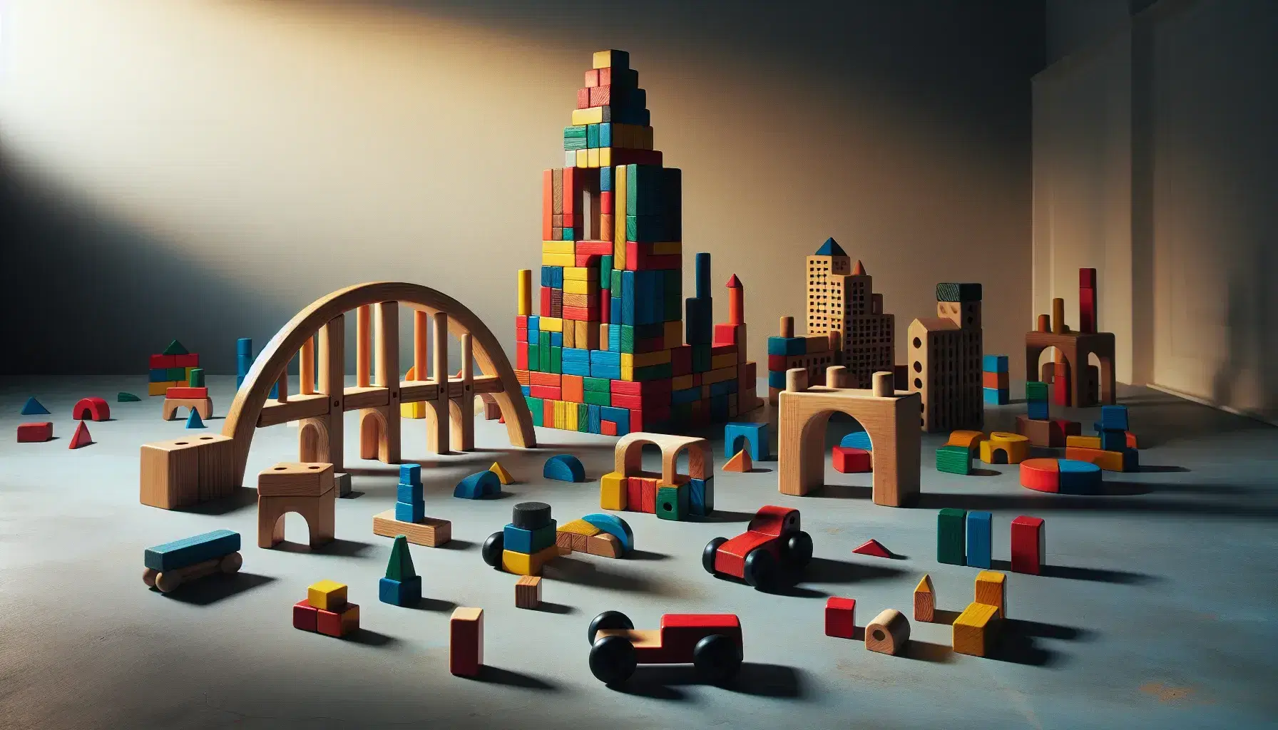 Conjunto de bloques de construcción de madera en colores y formas variadas con una torre central y un puente y coche a los lados sobre superficie lisa.