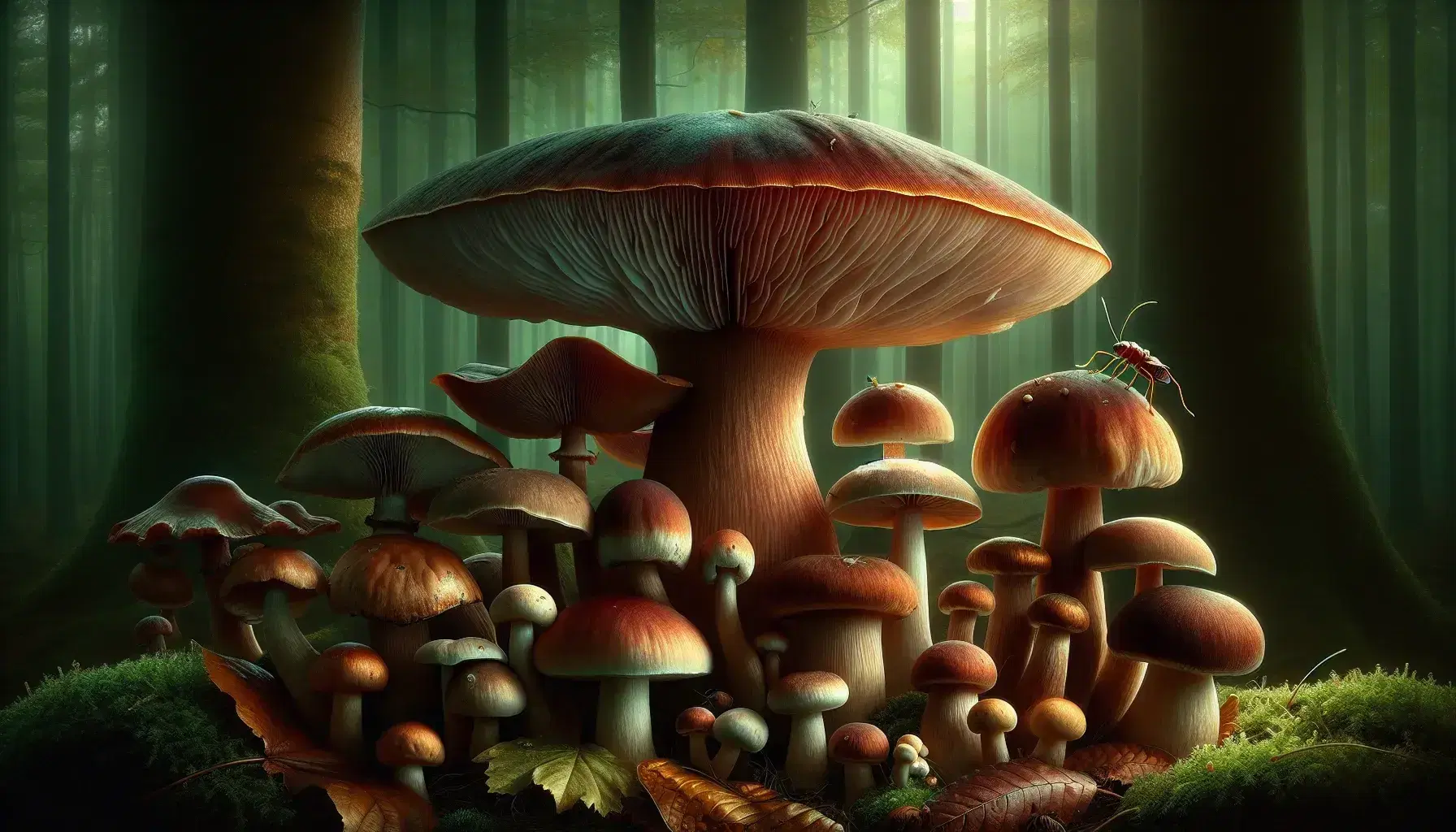 Funghi di varie dimensioni e colori in un bosco, con un grosso fungo marrone-rosso al centro e luce diffusa tra le foglie.