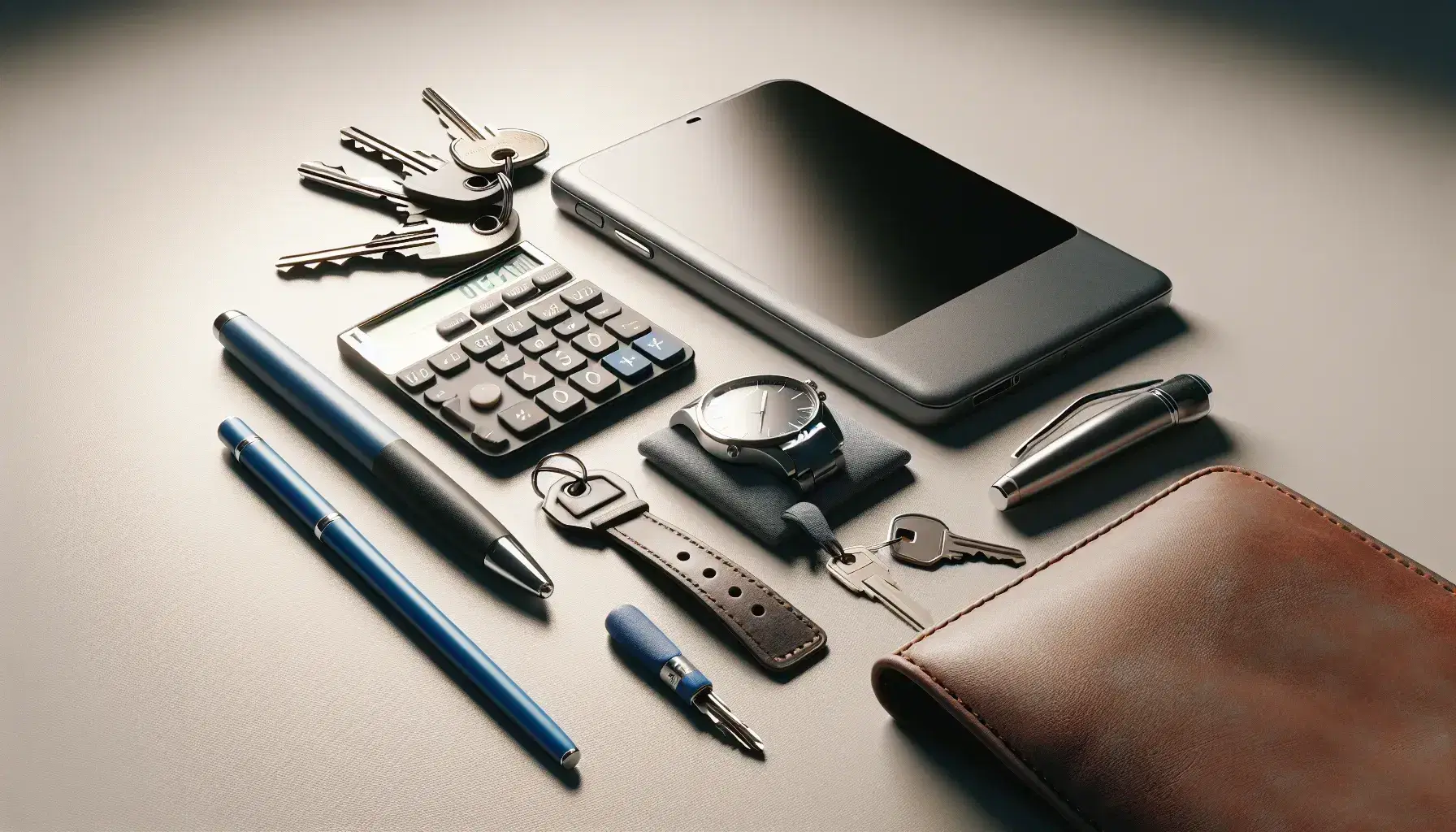 Calculadora gris con botones blancos, bolígrafo azul, reloj de pulsera con correa de cuero marrón, llaves metálicas y teléfono móvil moderno apagado sobre superficie clara.