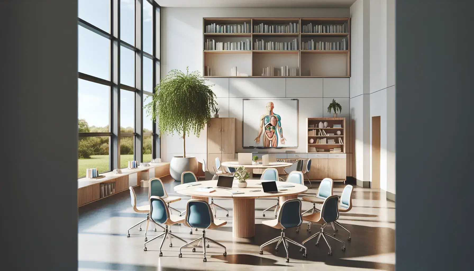 Aula moderna e luminosa con tavolo ovale, sedie ergonomiche blu, lavagna bianca, studenti con dispositivi elettronici e modello anatomico umano.