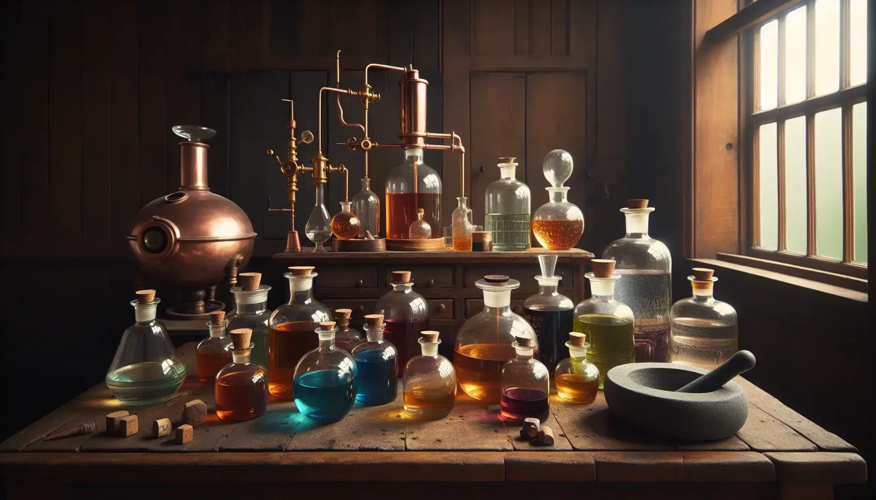 Frascos de vidrio con líquidos coloridos en mesa antigua, alambique de cobre y balanza de bronce en laboratorio de alquimia, luz natural.