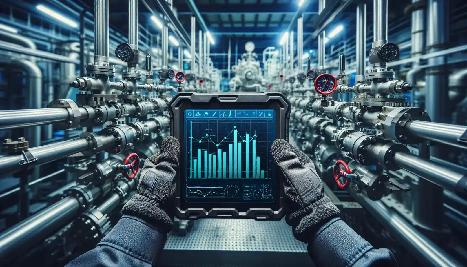 Manos con guantes sosteniendo tableta digital robusta con gráficos frente a maquinaria industrial con tuberías metálicas, válvulas rojas y manómetros.