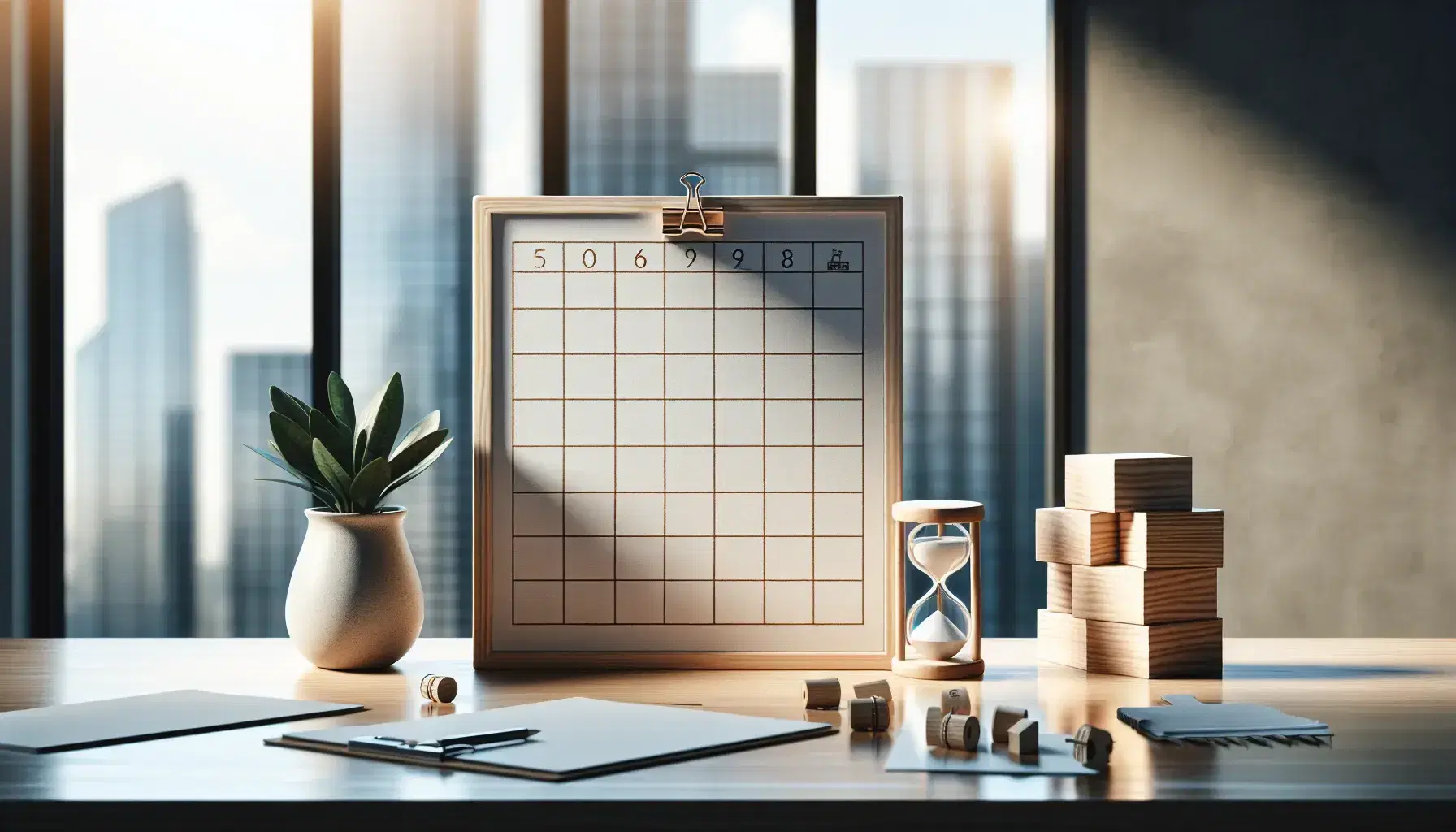 Escritorio de oficina con tablero de organización en blanco, reloj de arena y bloques de madera, planta verde en primer plano y ventana con vista a edificios.
